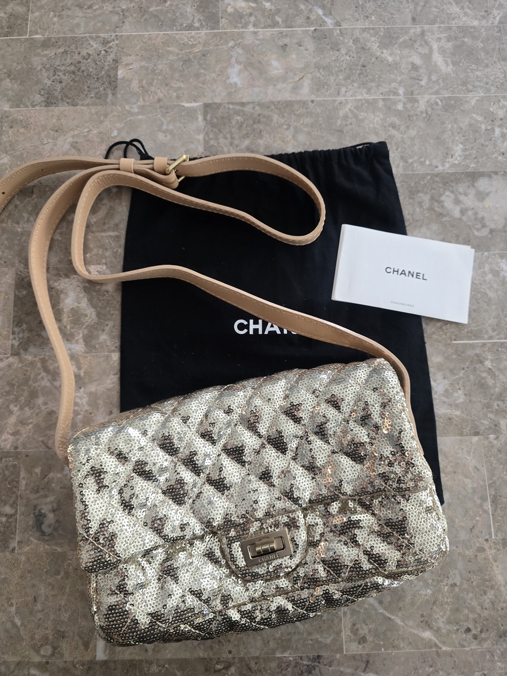 CHANEL Gold Sequined Quilted Flap Bag